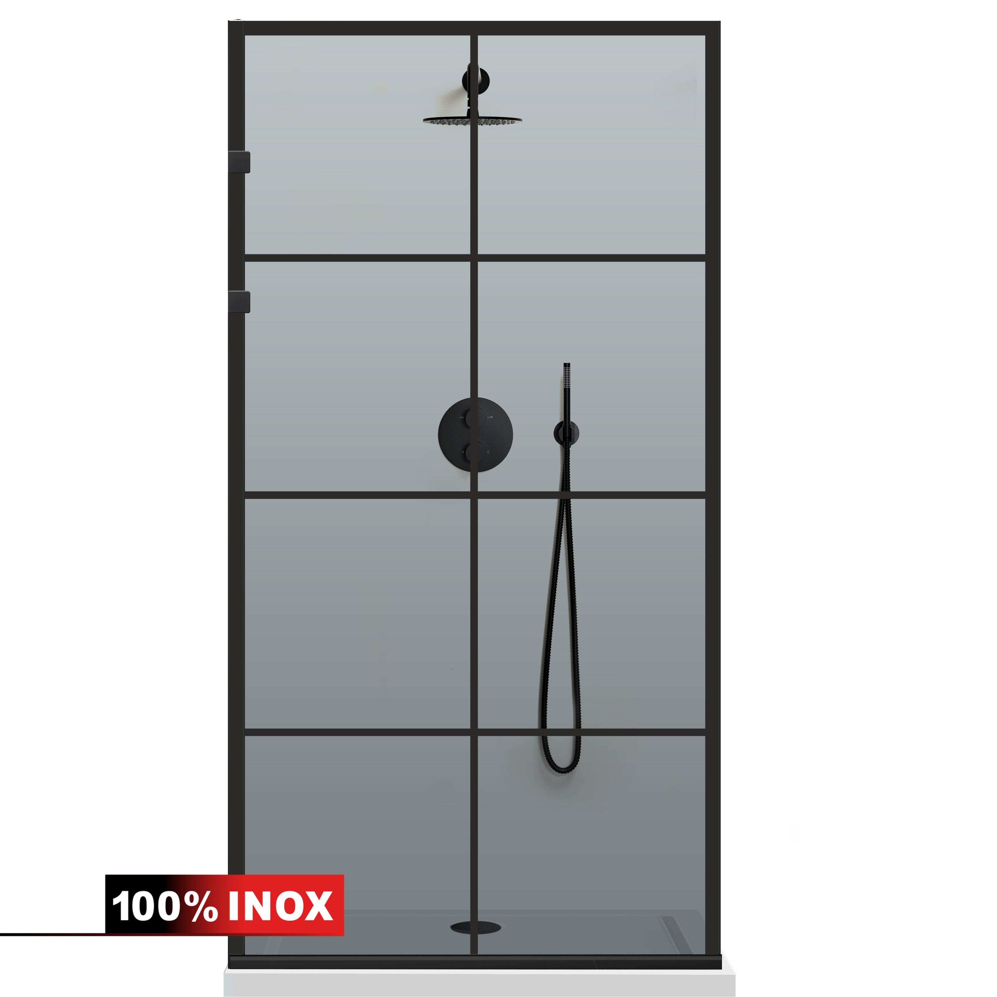 Paravan dus Walk-in, Perete dus Inox, negru mat #Gri