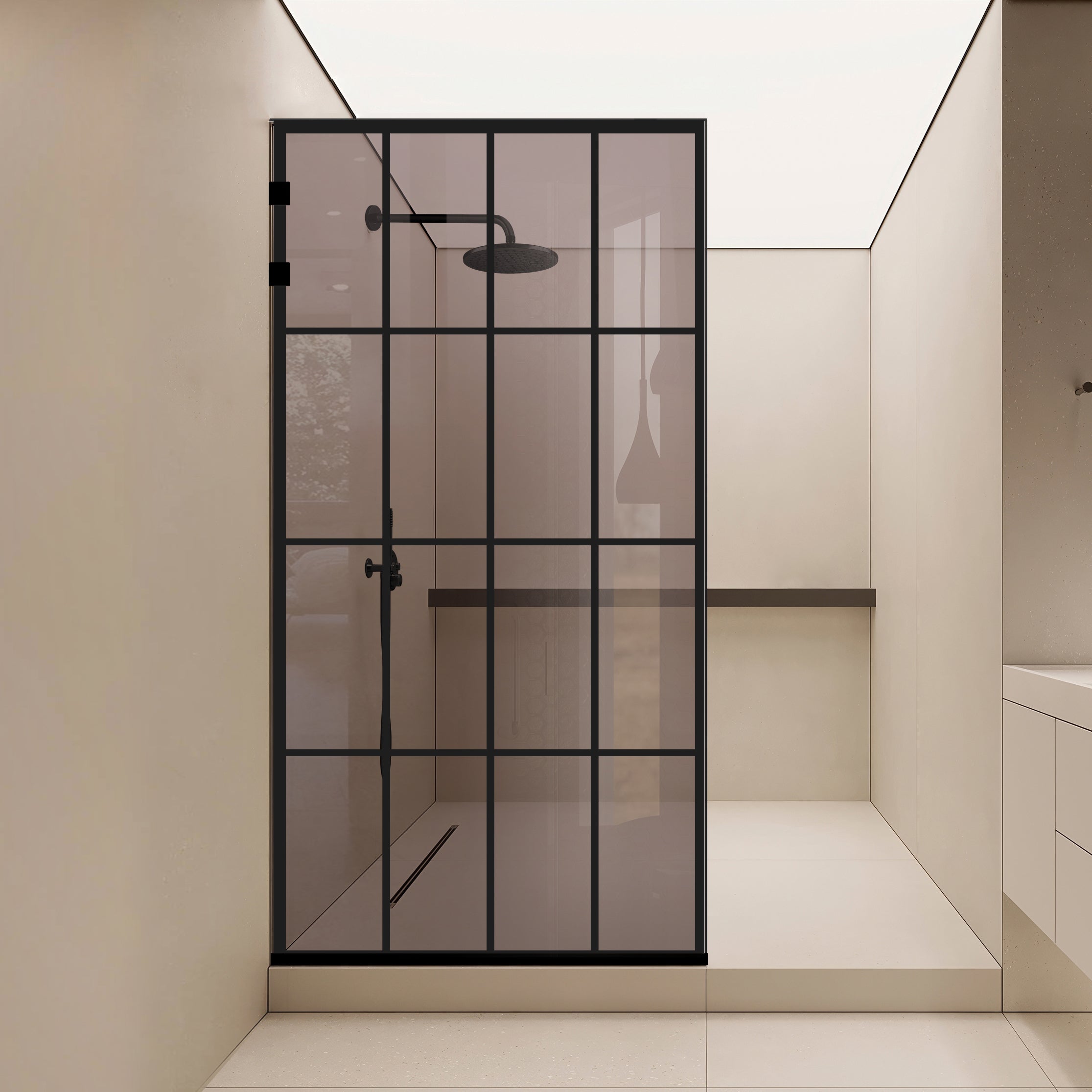 Paravan dus Walk-in, Perete dus Inox, negru mat #Bronz