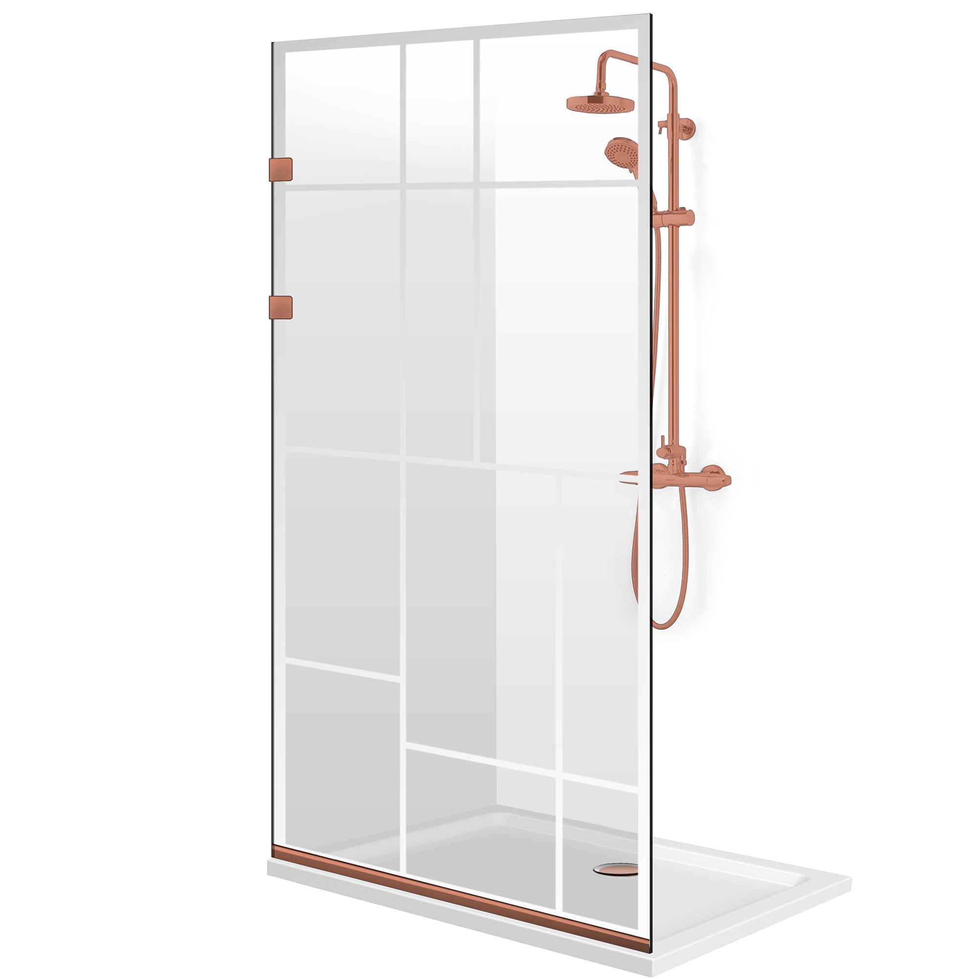 Paravento doccia walk-in Aqua Elegance® Copper, modello Urban incolore, ferramenta full inox rame, vetro chiaro, temperato
